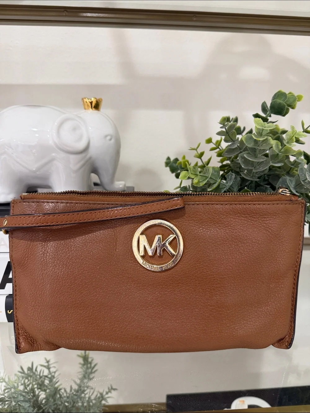 Michael Kors Cognac Leather Wristlet with Gold MK Emblem